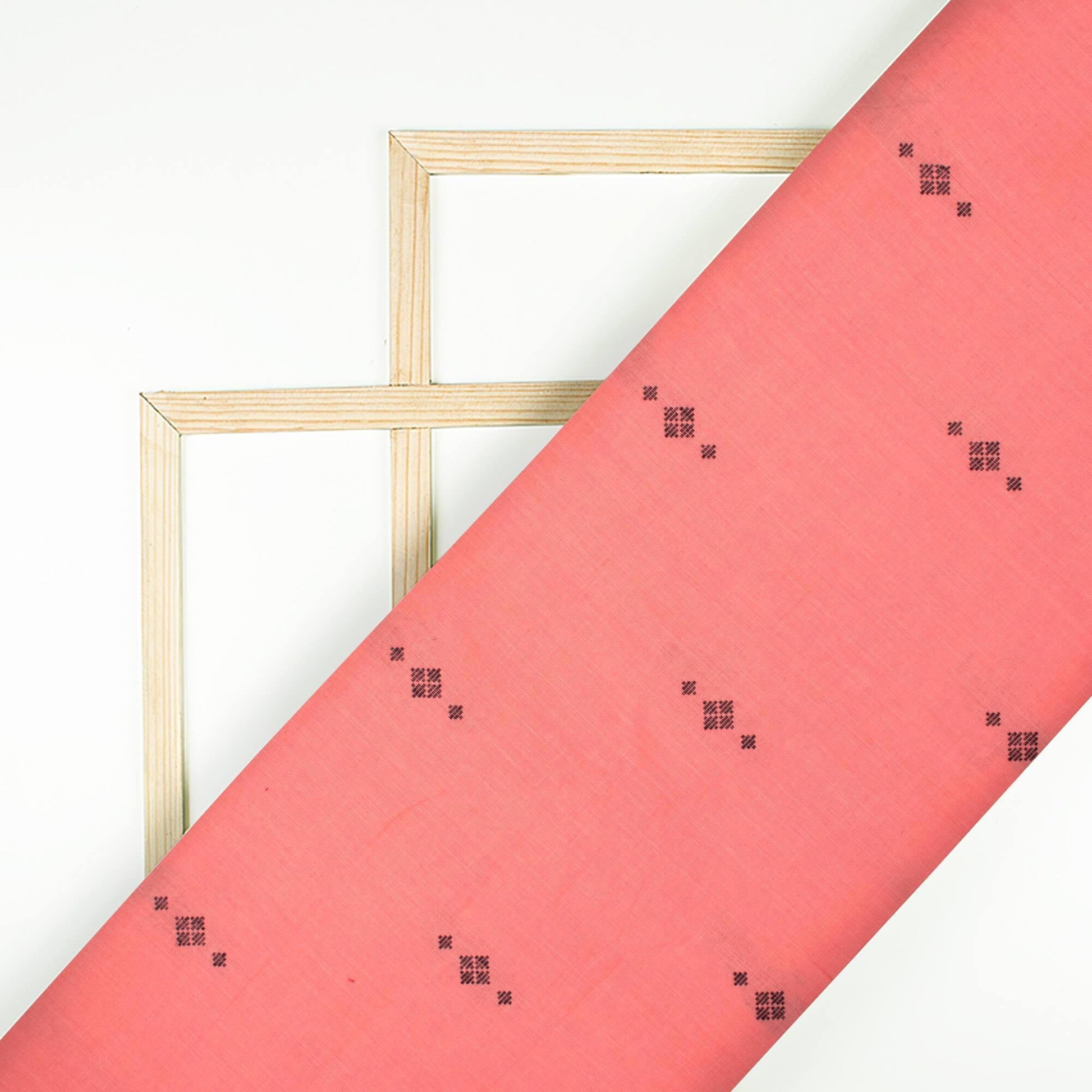 Salmon Pink And Black Booti Pattern Jamdani Handloom Cotton Fabric - Fabcurate