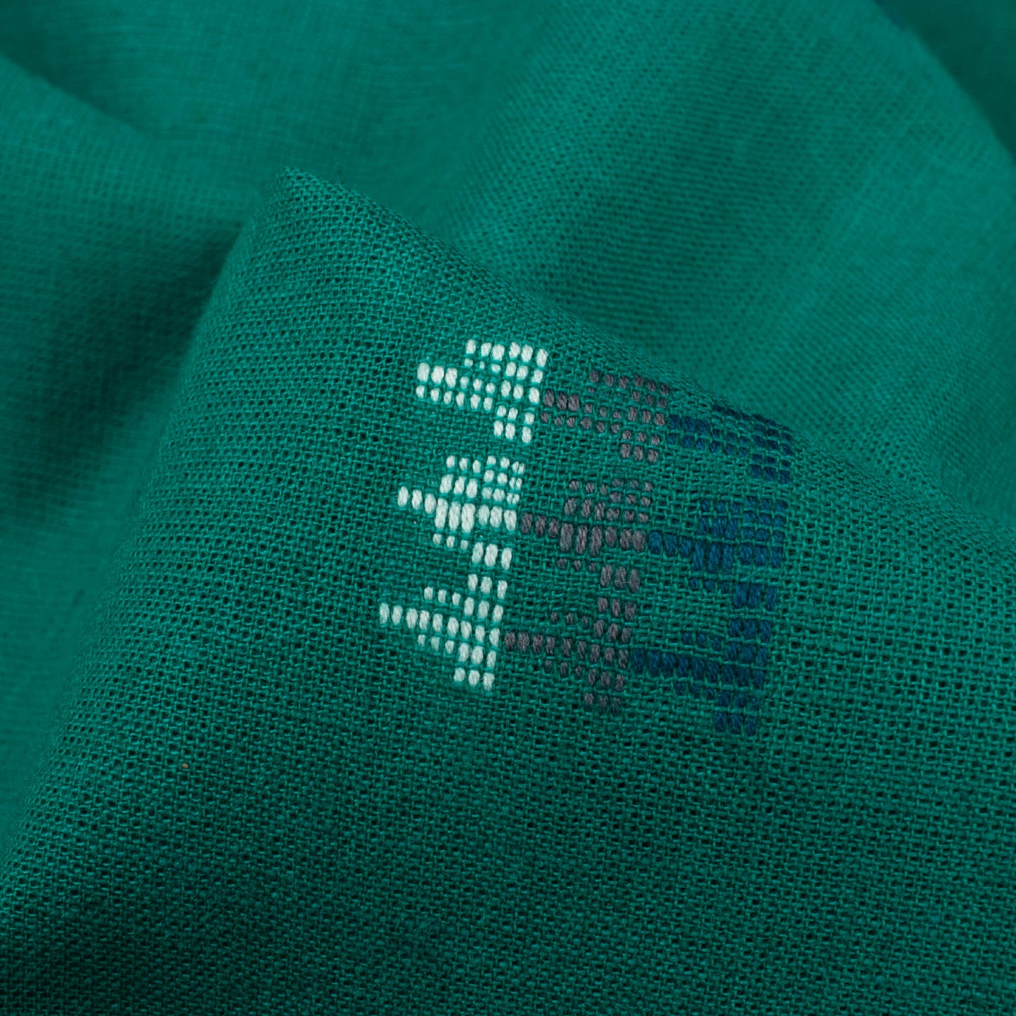 Teal Green And White Geometric Pattern Dobby Handloom Cotton Fabric