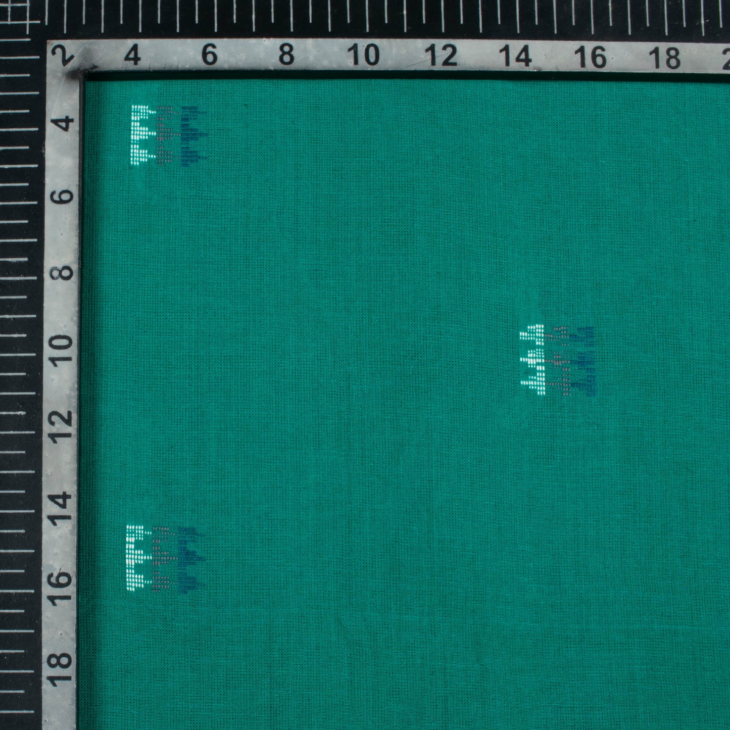 Teal Green And White Geometric Pattern Dobby Handloom Cotton Fabric