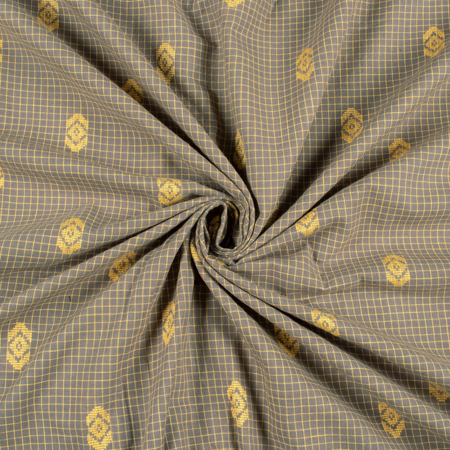 Fossil Grey And Mellow Yellow Checks Pattern Jamdani Handloom Cotton Fabric