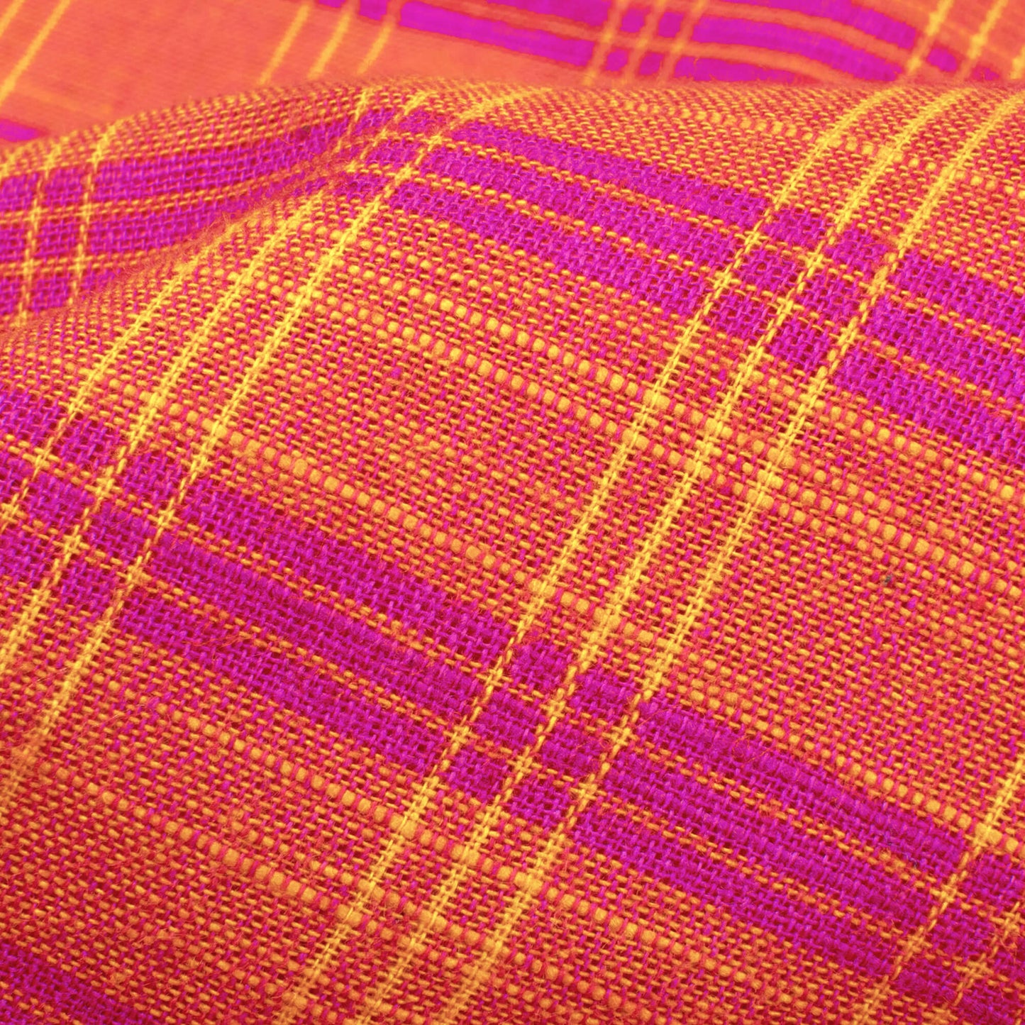 Deep Pink And Orange Checks Pattern Handloom Cotton Slub Fabric