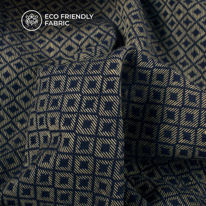 Navy Blue And Beige Checks Handloom Cotton Fabric