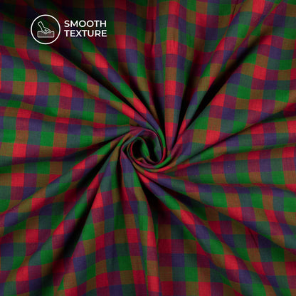Trendy Red And Blue Checked Handloom Cotton Fabric