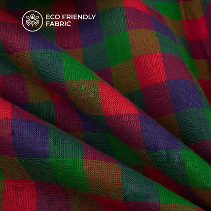 Trendy Red And Blue Checked Handloom Cotton Fabric