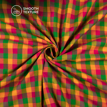 Trendy Yellow And Pink Checked Handloom Cotton Fabric