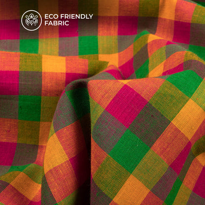 Trendy Yellow And Pink Checked Handloom Cotton Fabric