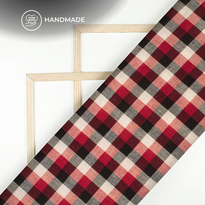 Trendy White And Red Checked Handloom Cotton Fabric