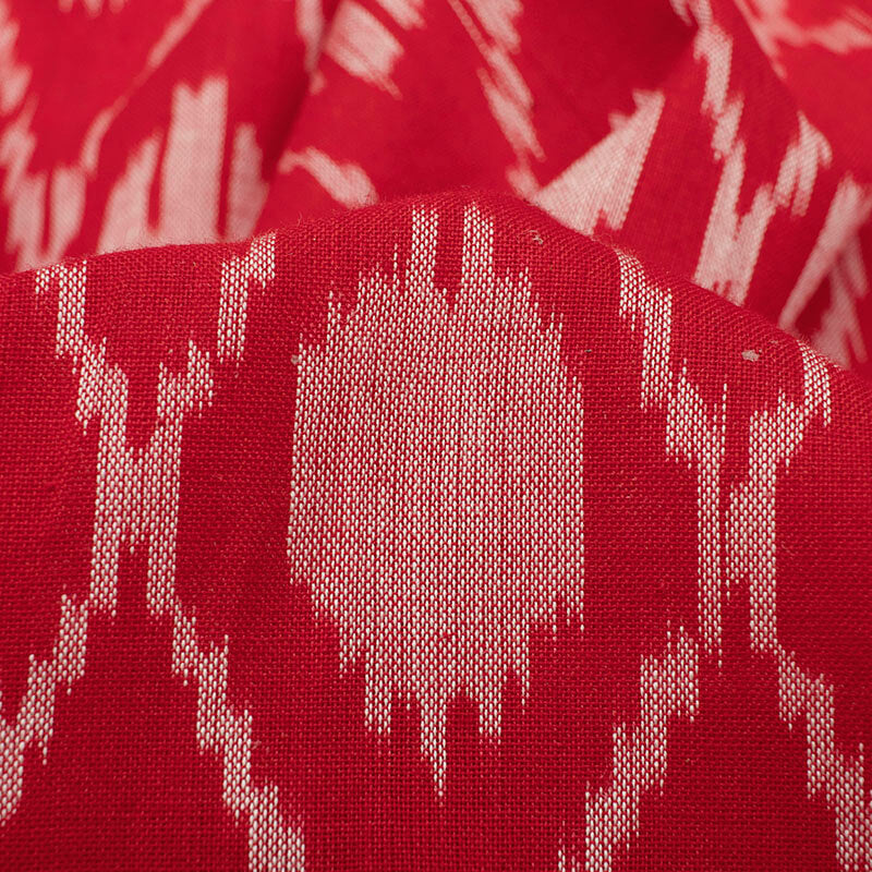 Red And Light Grey Chevron Pattern Pre-Washed Mercerised Ikat Cotton Fabric - Fabcurate