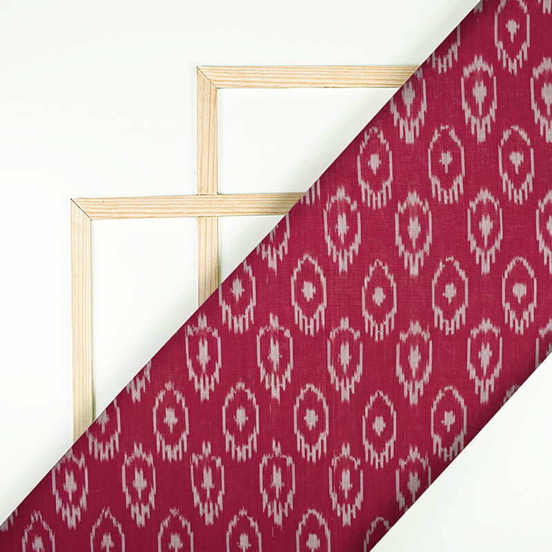 Maroon And White Abstract Pattern Pre-Washed Mercerised Ikat Cotton Fabric - Fabcurate