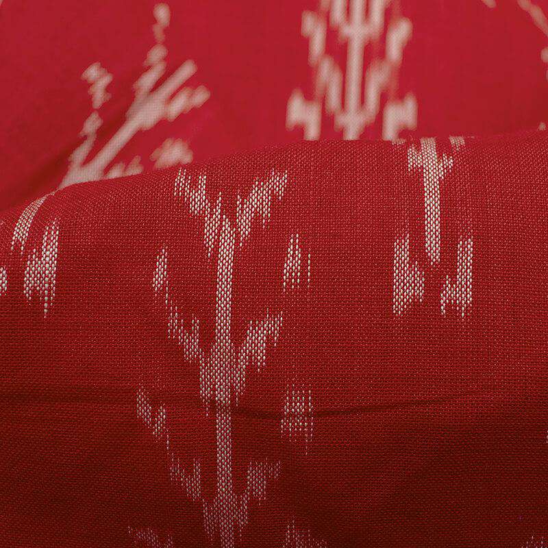 Dark Red And Snow White Abstract Pattern Pre-Washed Mercerised Ikat Cotton Fabric - Fabcurate