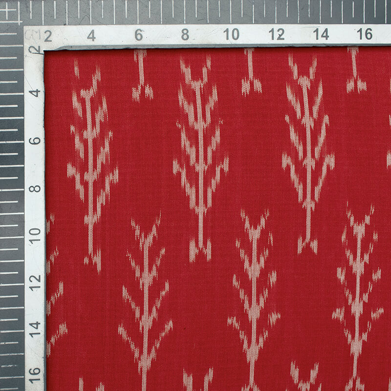 Dark Red And Snow White Abstract Pattern Pre-Washed Mercerised Ikat Cotton Fabric - Fabcurate