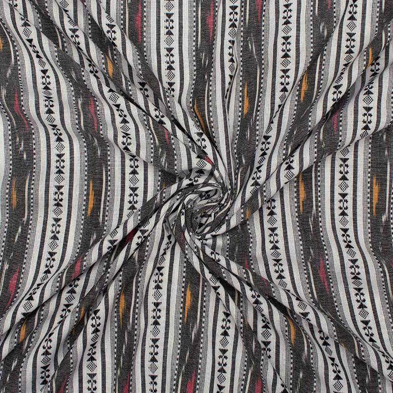 White And Grey Stripes Pattern Pre-Washed Dobby Ikat Cotton Fabric - Fabcurate