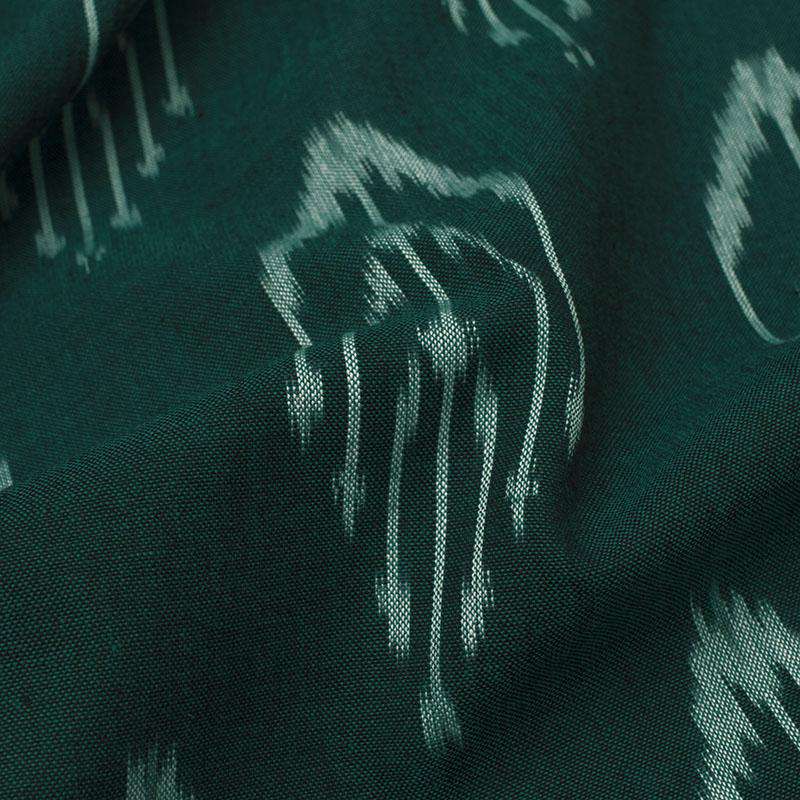 Green And Off White Abstract Pattern Pre-Washed Ikat Cotton Fabric - Fabcurate