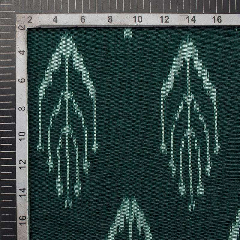 Green And Off White Abstract Pattern Pre-Washed Ikat Cotton Fabric - Fabcurate