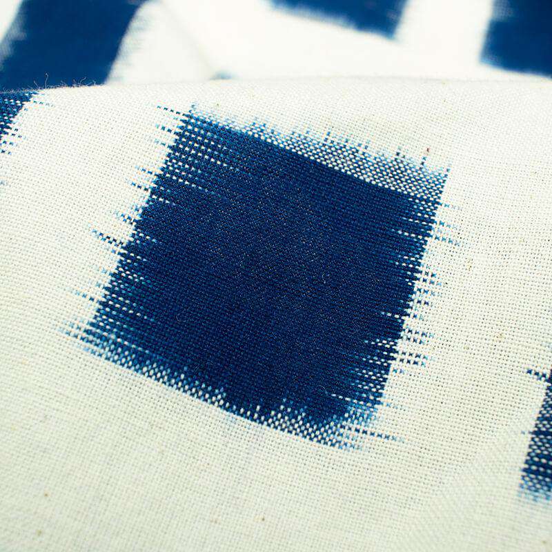 White And Navy Blue Geometric Pattern Pre-Washed Double Ikat Cotton Fabric - Fabcurate