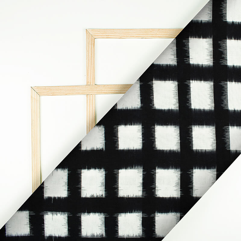 Black And White Geometric Pattern Pre-Washed Double Ikat Cotton Fabric - Fabcurate