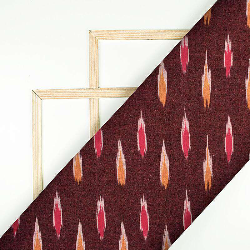 Maroon And Red Abstract Pattern Pre-Washed Ikat Cotton Fabric - Fabcurate