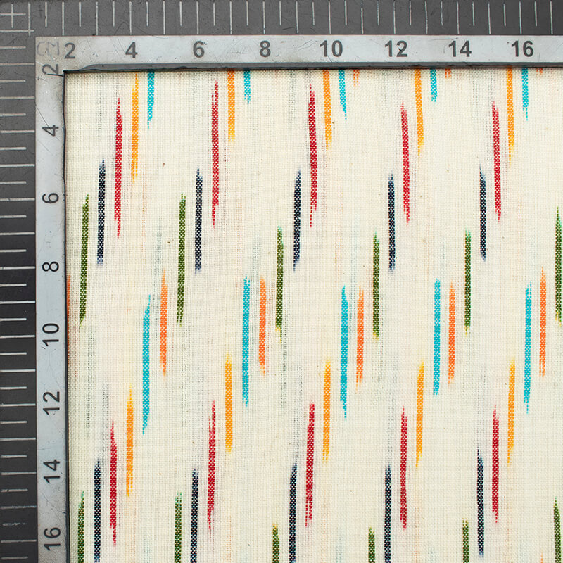 White And Multi-Color Stripes Pattern Pre-Washed Ikat Cotton Fabric - Fabcurate