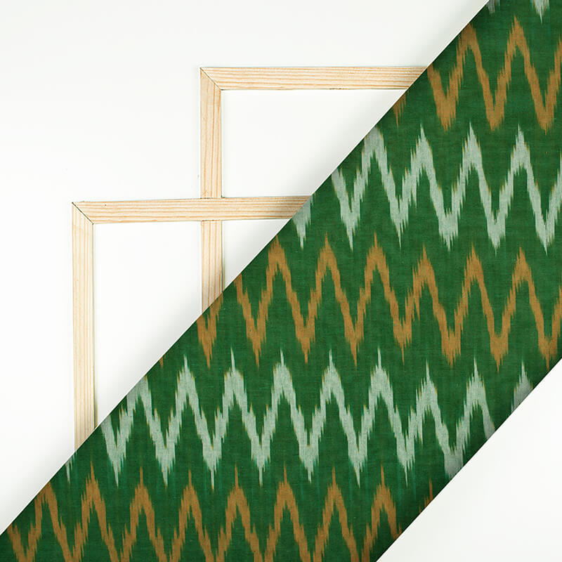Green And Yellow Chevron Pattern Pre-Washed Ikat Cotton Fabric - Fabcurate