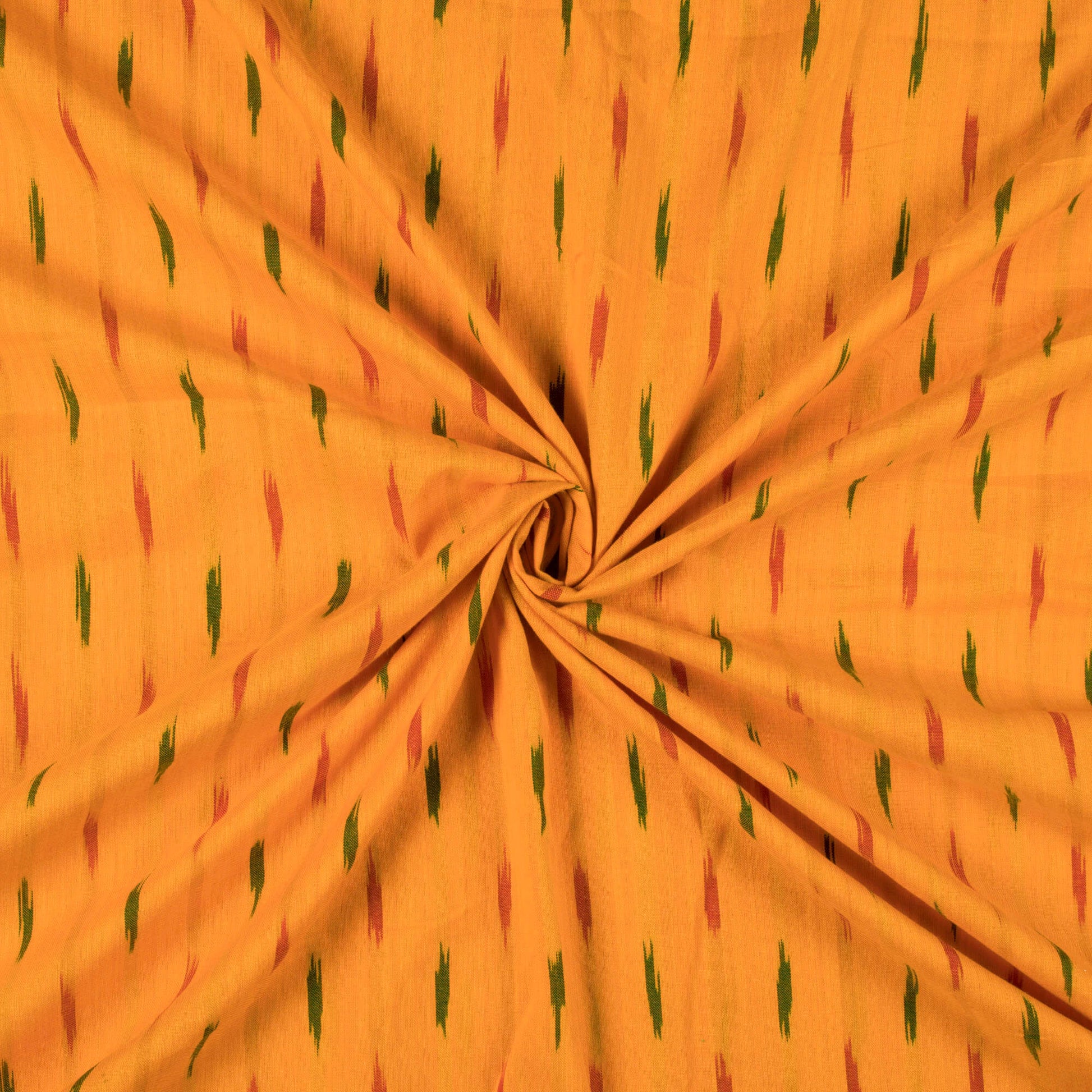 Ochre Yellow And Green Stripes Pattern Pre-Washed Ikat Cotton Fabric - Fabcurate