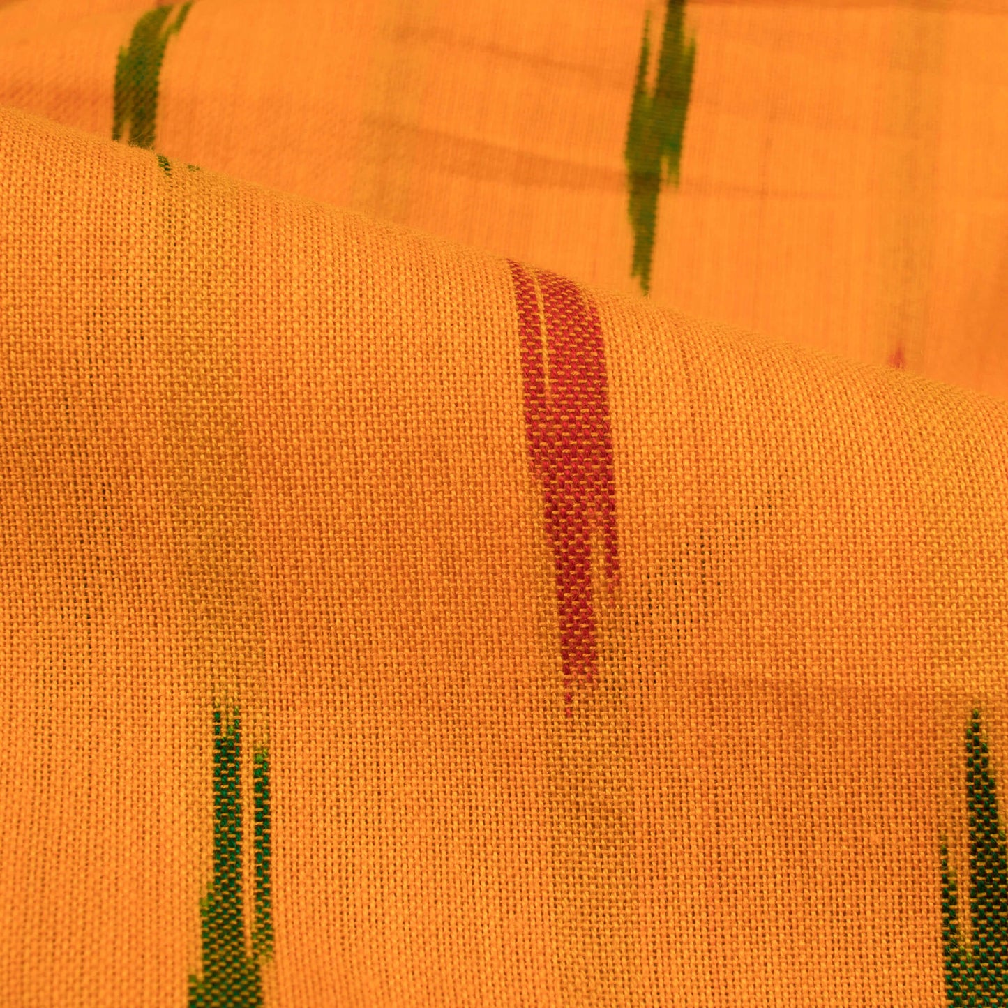 Ochre Yellow And Green Stripes Pattern Pre-Washed Ikat Cotton Fabric - Fabcurate