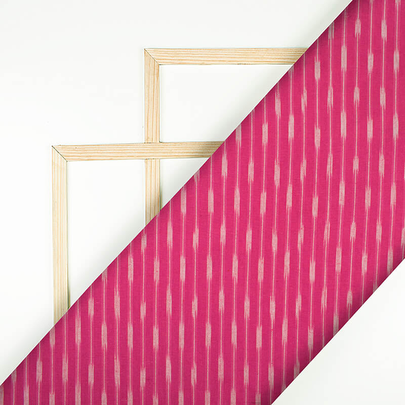 Fuchsia And Off White Stripes Pattern Pre-Washed Ikat Cotton Fabric - Fabcurate