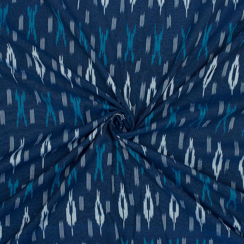 Navy Blue And Sky Blue Abstract Pattern Pre-Washed Ikat Cotton Fabric - Fabcurate