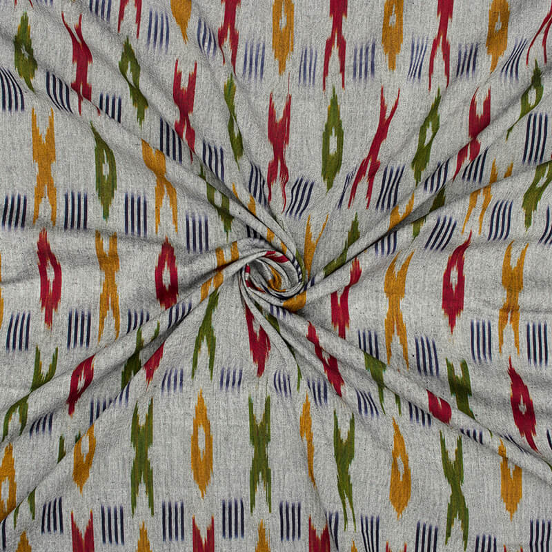 Grey And Indian Red Abstract Pattern Pre-Washed Ikat Cotton Fabric - Fabcurate