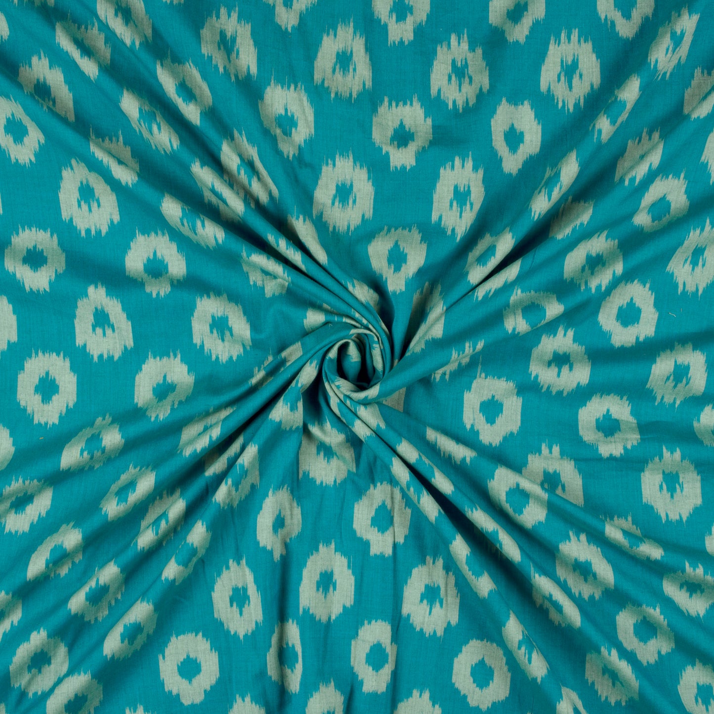 Teal Blue And Snow White Geometric Pattern Pre-Washed Mercerised Ikat Cotton Fabric - Fabcurate