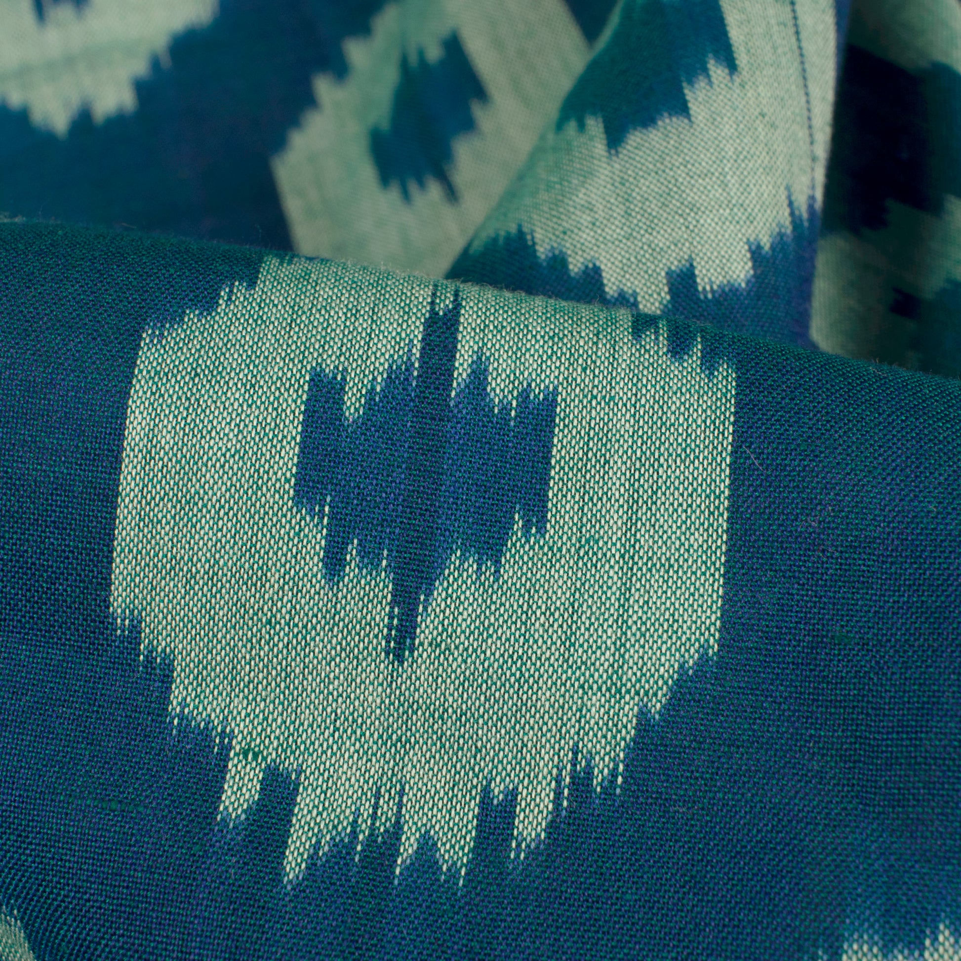 Prussian Blue And Off White Geometric Pattern Pre-Washed Mercerised Ikat Cotton Fabric - Fabcurate