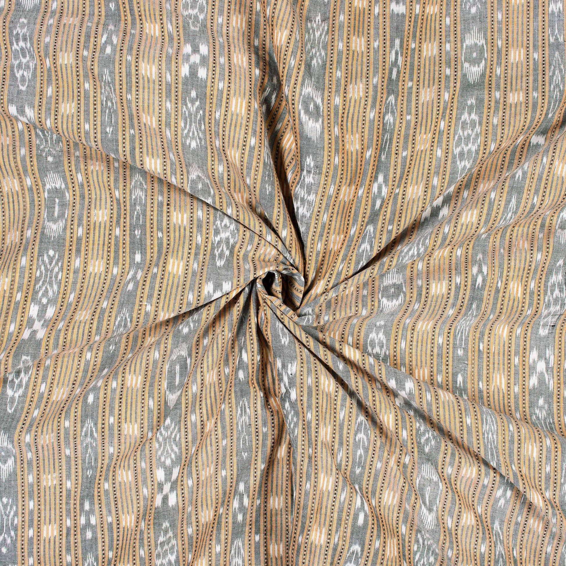 Sand Beige Stripes Pattern Loom Textured Pre-Washed Mercerised Sambhalpuri Ikat Cotton Fabric - Fabcurate