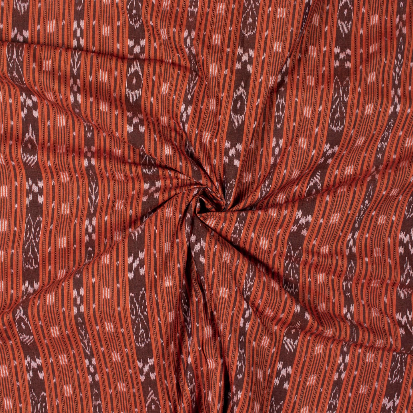 Burnt Orange Stripes Pattern Loom Textured Pre-Washed Mercerised Sambhalpuri Ikat Cotton Fabric - Fabcurate