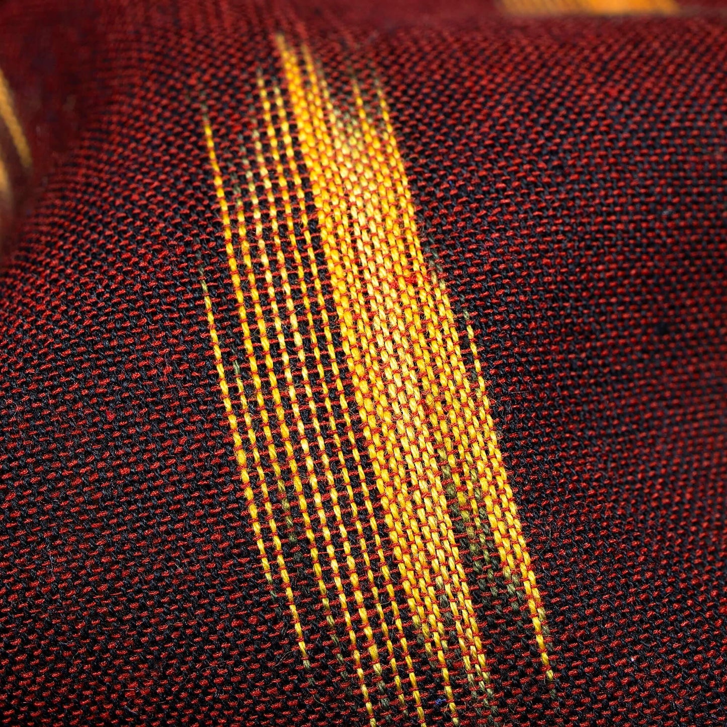 Dark Maroon And Mustard Yellow Abstract Pattern Pre-Washed Ikat Cotton Fabric - Fabcurate