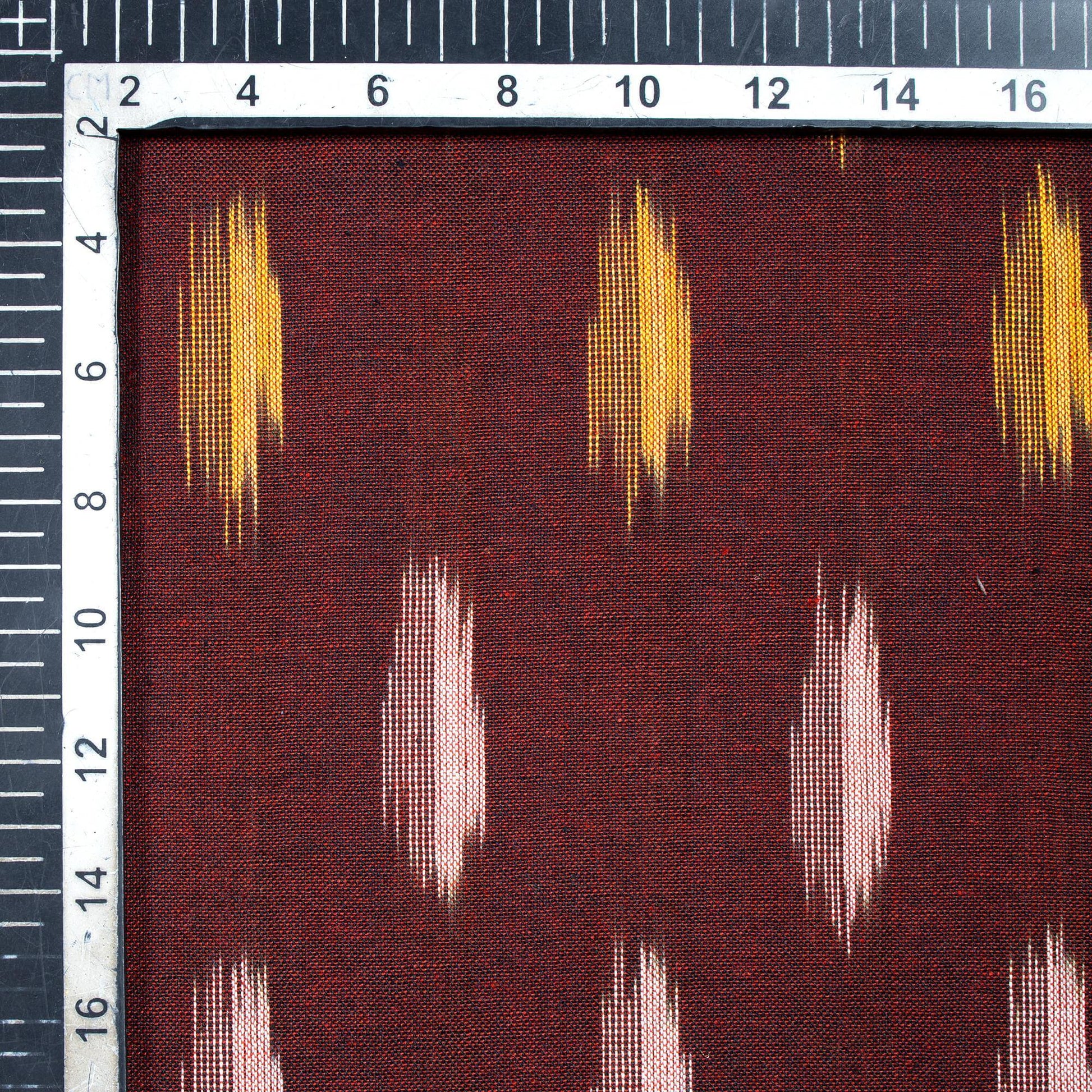 Dark Maroon And Mustard Yellow Abstract Pattern Pre-Washed Ikat Cotton Fabric - Fabcurate