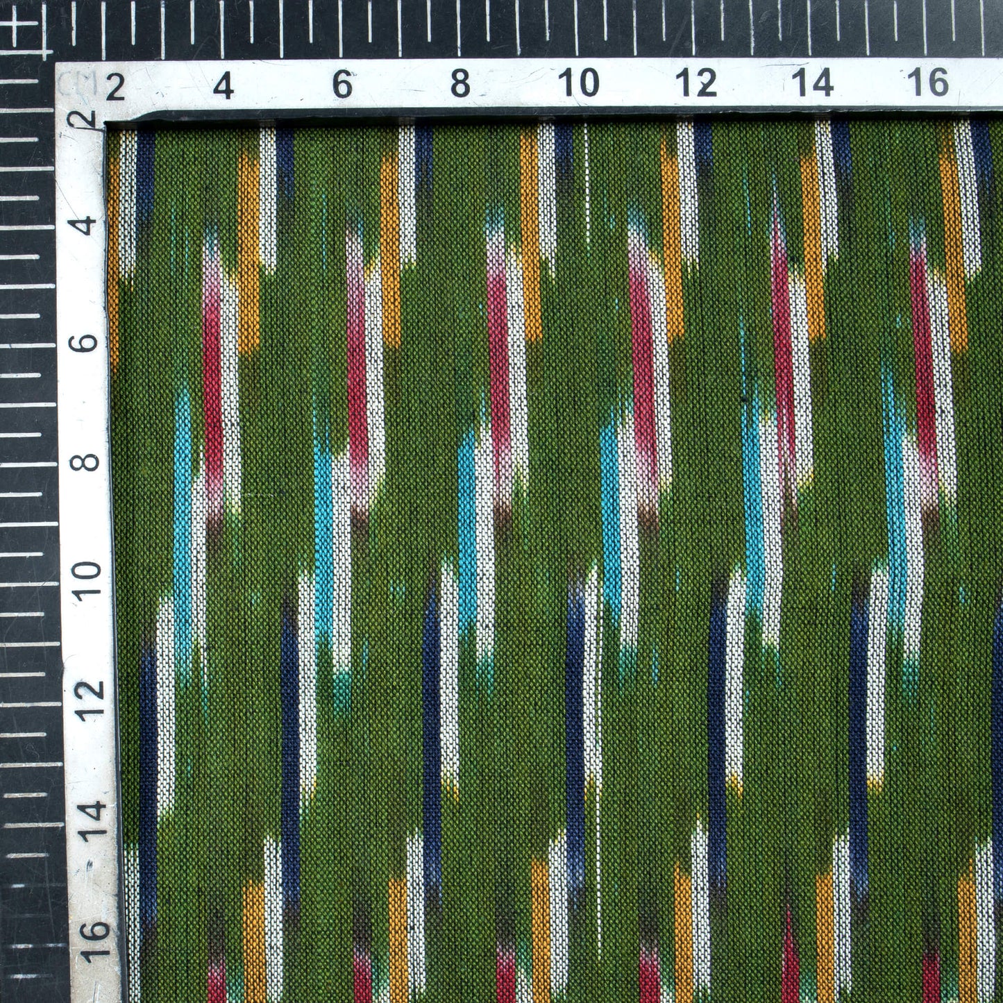 Dark Forest Green And Sky Blue Stripes Pattern Pre-Washed Ikat Cotton Fabric