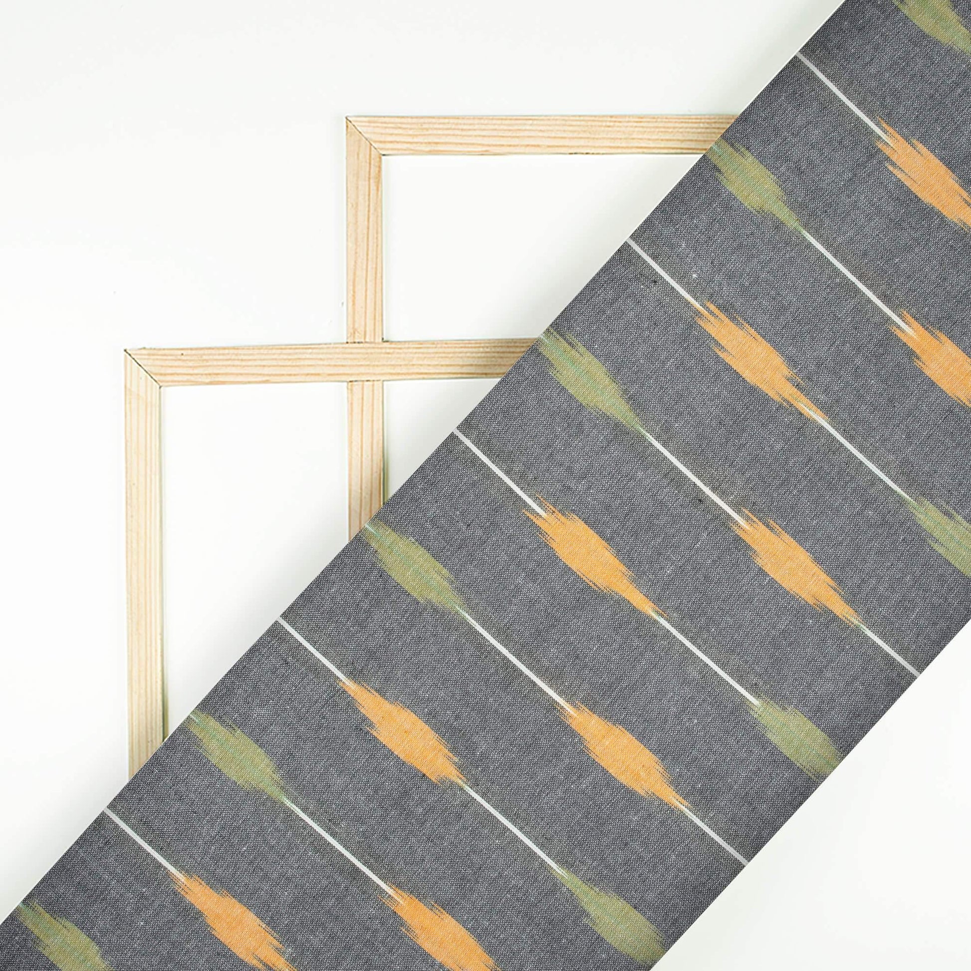 Steel Gray And Orange Stripes Pattern Pre-Washed Ikat Cotton Fabric - Fabcurate