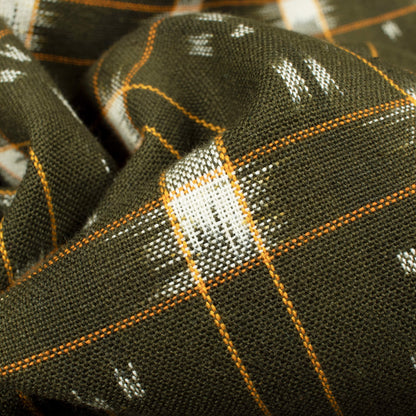 Uniform Green And Off White Checks Pattern Pre-Washed Double Ikat Cotton Fabric