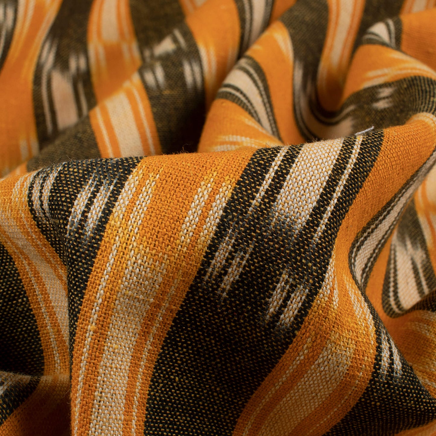Ochre Orange And Army Green Stripes Pattern Pre-Washed Ikat Cotton Fabric