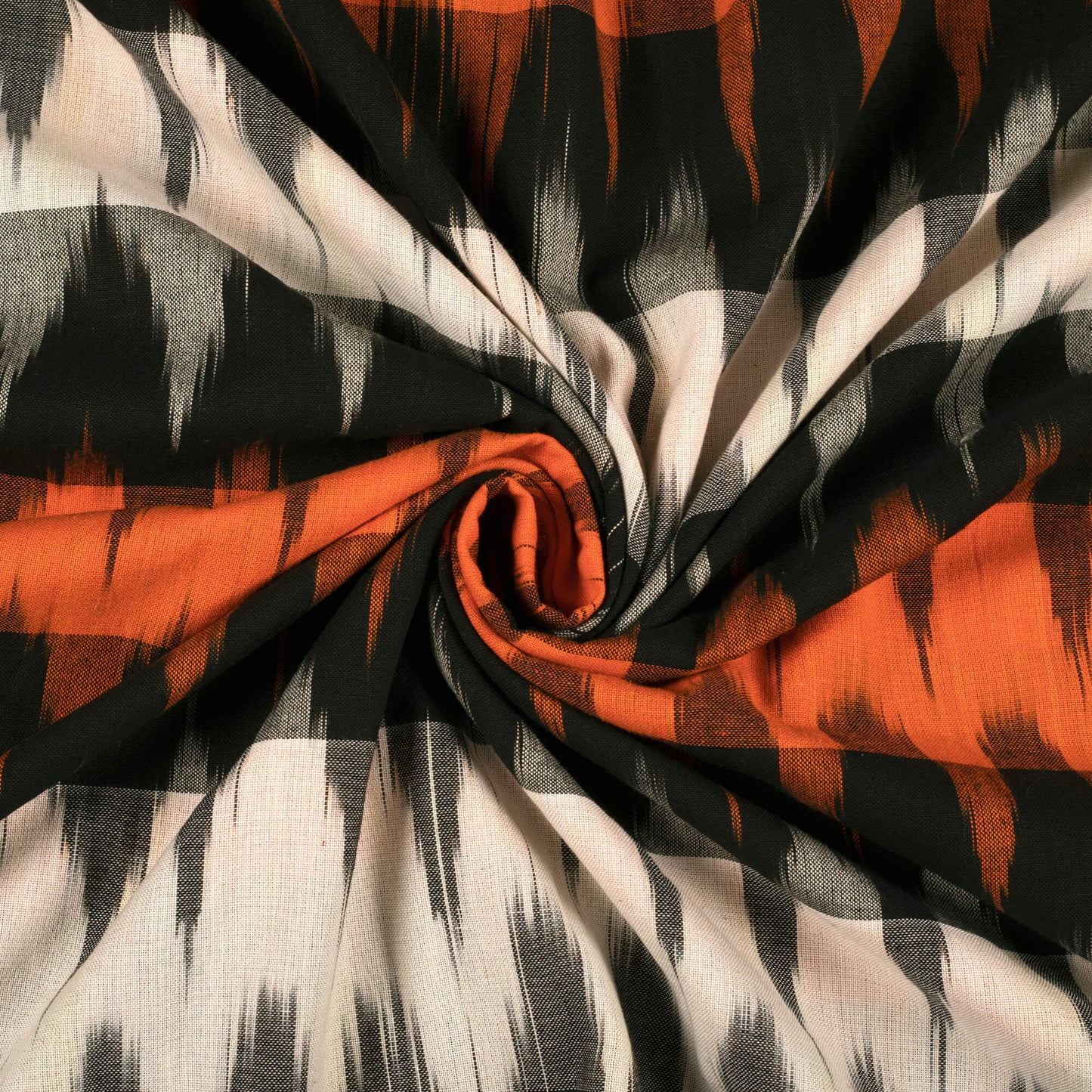 Black And Burnt Orange Chevron Pattern Woven Pre-Washed Cotton 3D Ikat Fabric