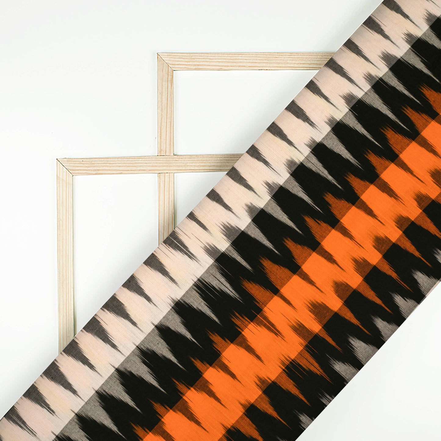 Black And Burnt Orange Chevron Pattern Woven Pre-Washed Cotton 3D Ikat Fabric