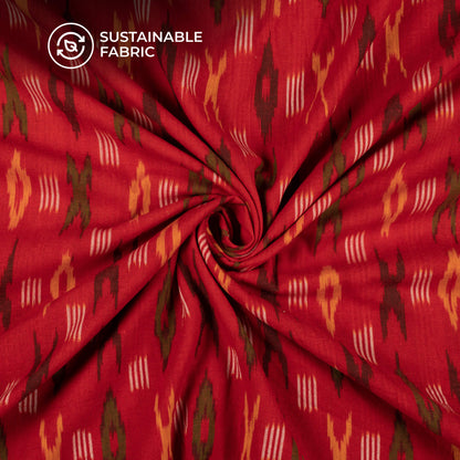 Red Geometric Pre-Washed Pochampally Ikat Cotton Fabric