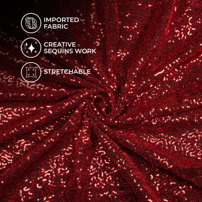 Maroon Sequins Shiny Metallic Lurex Imported Knit Fabric (Width 54 Inches)