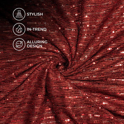 Maroon Foil Stripes Glitter Crush Imported Mesh Fabric (Width 60 Inches)