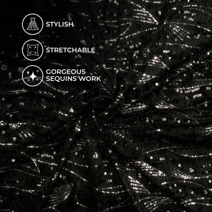 Black Abstract Sequins Long Hair Imported Fur Fabric (Width 58 Inches)