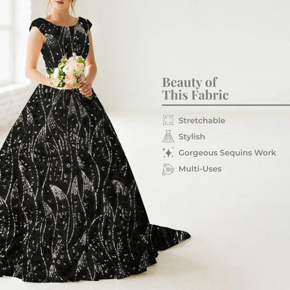 Black Abstract Sequins Long Hair Imported Fur Fabric (Width 58 Inches)