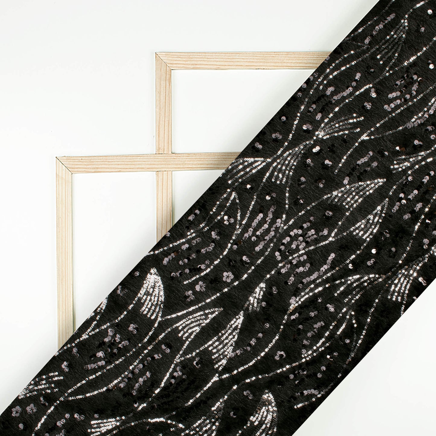 Black Abstract Sequins Long Hair Imported Fur Fabric (Width 58 Inches)