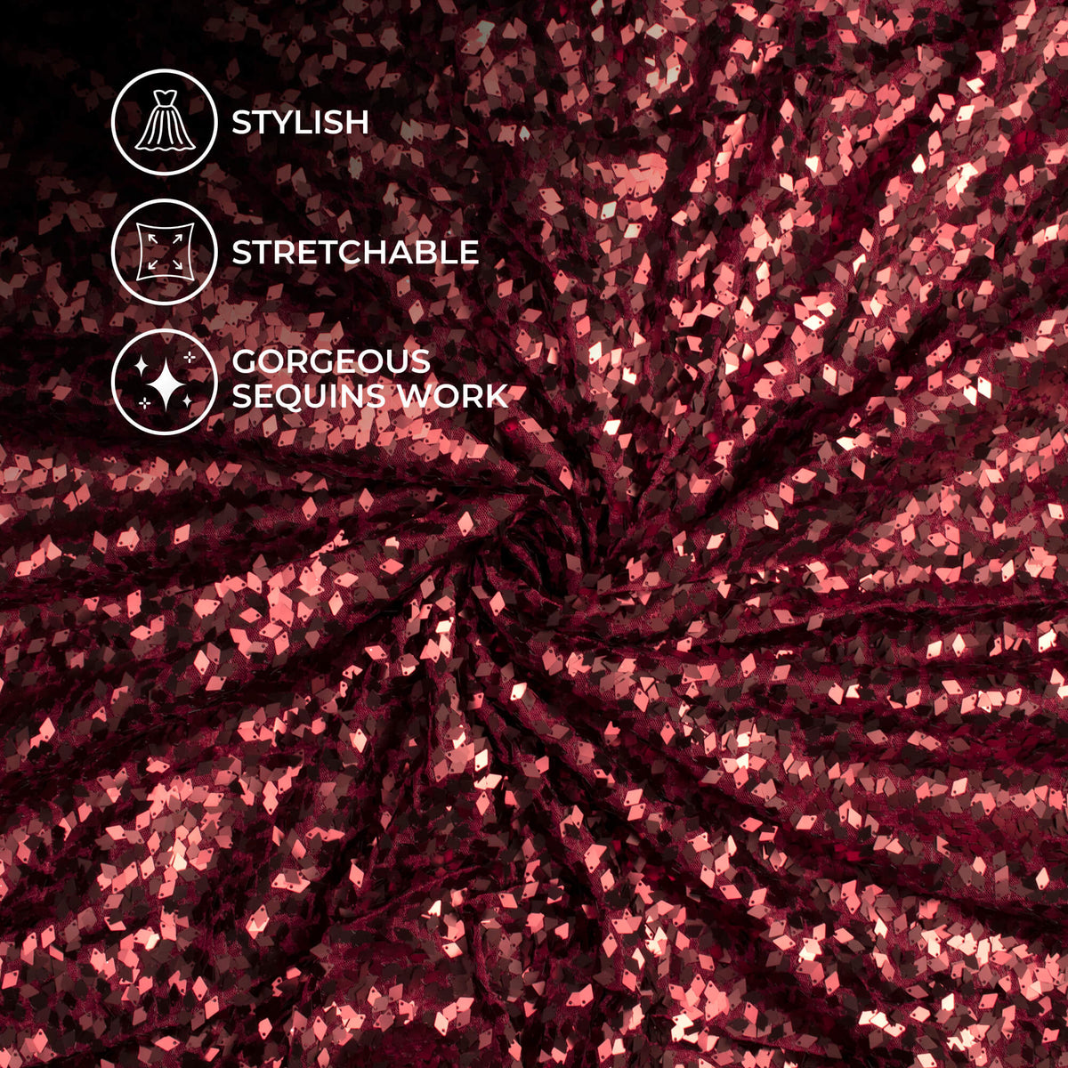 Maroon Fancy Diamond Sequins Imported Net Fabric (Width 62 Inches)