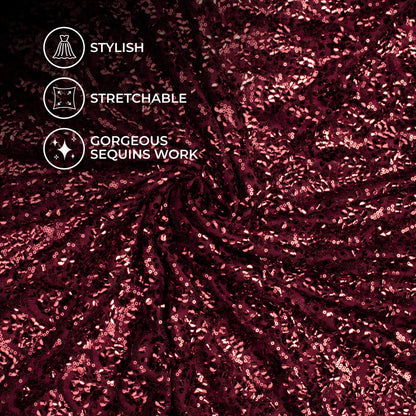 Maroon Scale Pattern Bowl Glitter Sequins Imported Net Fabric (Width 60 Inches)