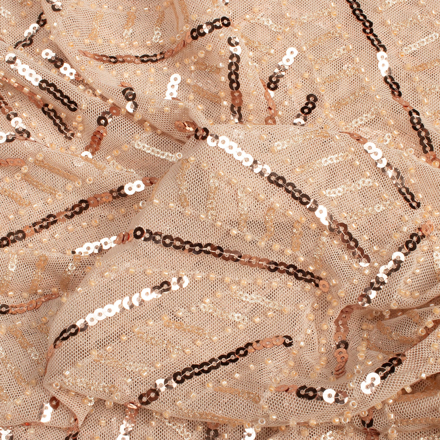 Beige All Over Sequins Pearl Work Imported Net Fabric (Width 58 Inches)