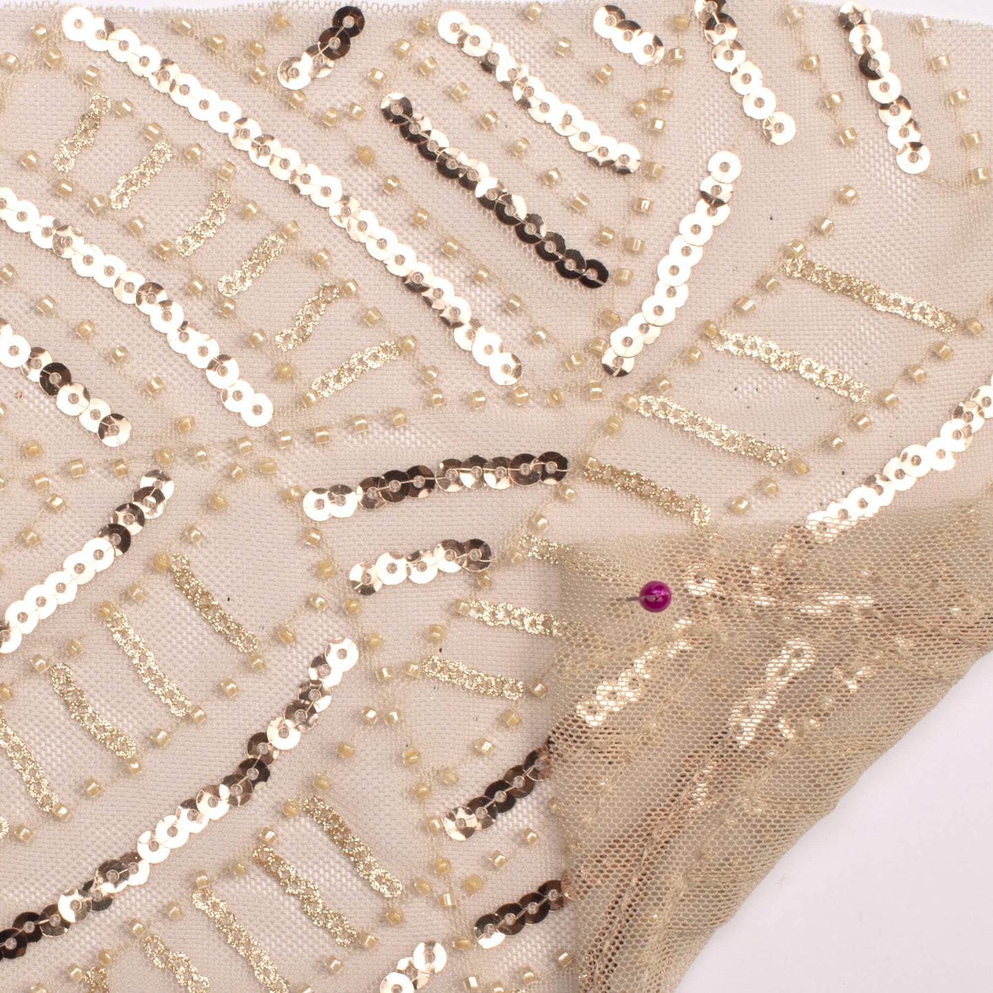 Beige All Over Sequins Pearl Work Imported Net Fabric (Width 58 Inches)